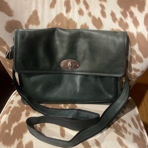 Classic green leather messenger Bag with blue lining